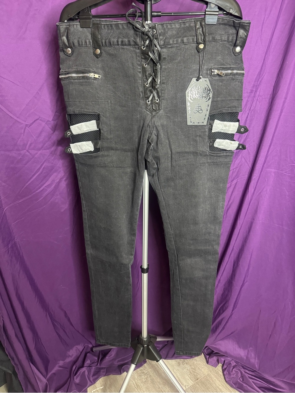 Killstar Black Lace-Up Skinny Jeans with Utility Straps